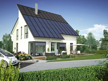 Energieautarkes Haus in Schmölln mit Elektroauto im Carport und blühendem Garten Energieautarkes Haus in Schmölln mit Elektroauto im Carport und blühendem Garten