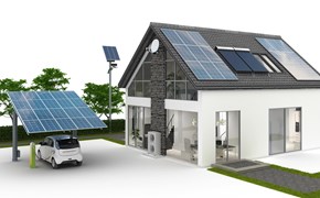 Energieversorgung zu einem Einfamilienhaus - Garten im Hintergrund Energieversorgung zu einem Einfamilienhaus - Garten im Hintergrund